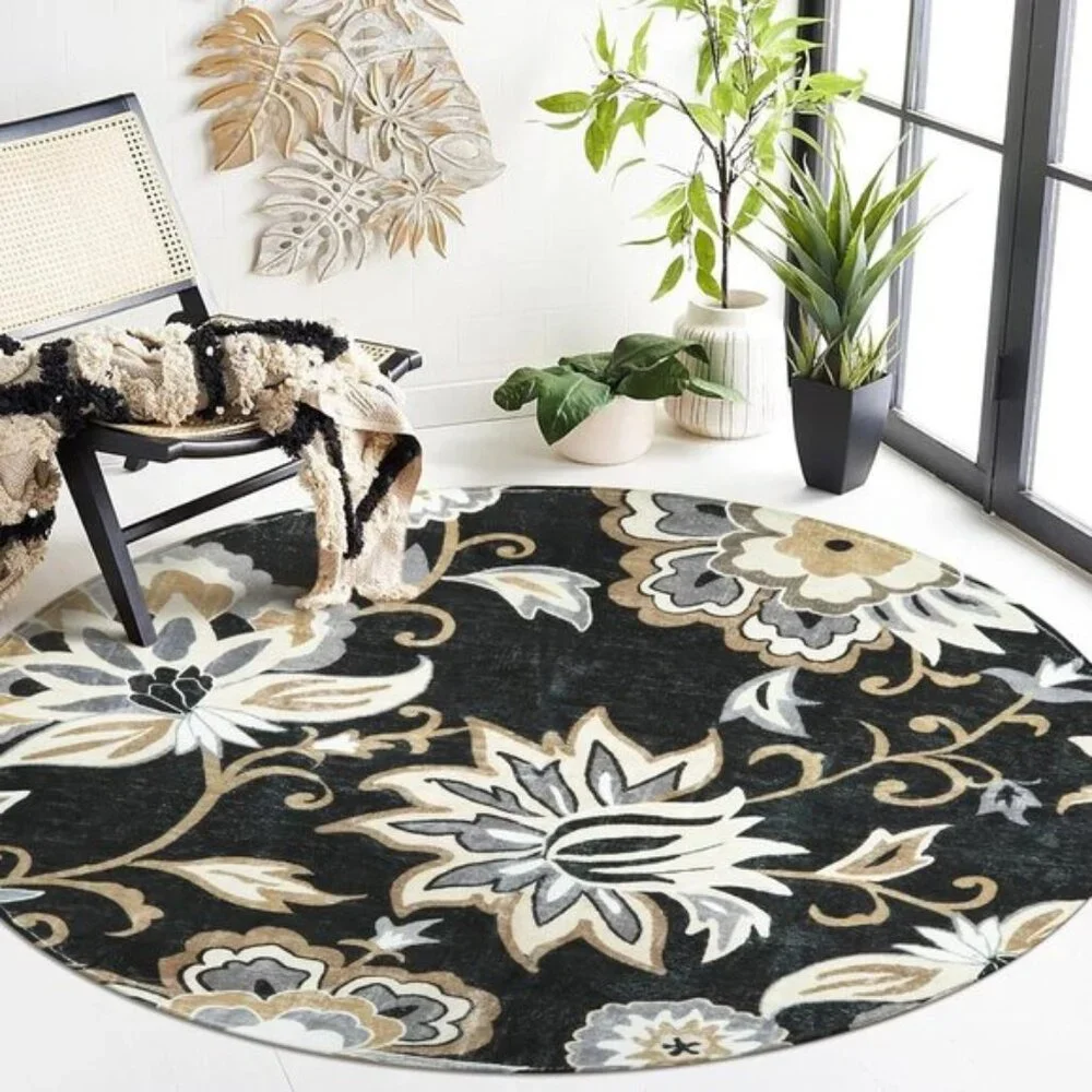 New 5Ft Black Floral Round Rug, Washable, Non-Slip Ultra-Thin Accent Carpet